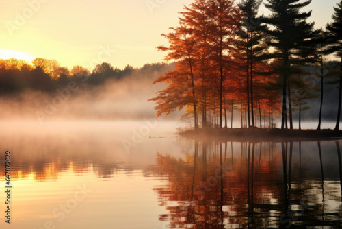 A soft, misty morning on a tranquil lake, mirrored reflections of the surrounding trees mirroring the rich, warm colors of fall. © Justlight
