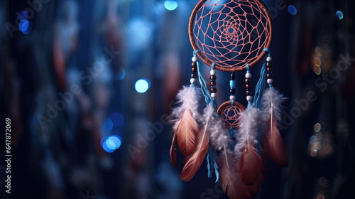 An enchanting and ethereal depiction of a dreamcatcher adorned with feathers and beads, embodying protection and spiritual connections.