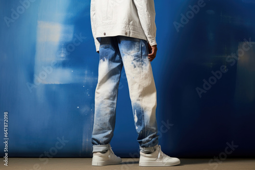 A visually striking depiction displaying a pair of bespoke denim pants, skillfully bleached and faded to create a striking ombre effect. photo
