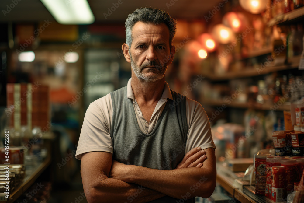 A local shop owner facing uncertainty during economic downturns. Generative Ai. A local shop owner facing uncertainty during economic downturns. Generative Ai.