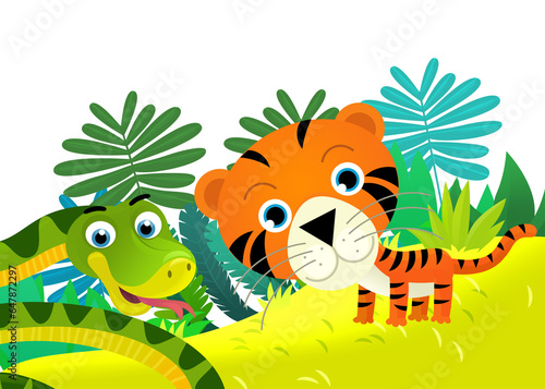 Fototapeta Naklejka Na Ścianę i Meble -  cartoon scene with happy tropical cat tiger in the jungle isolated illustration for children
