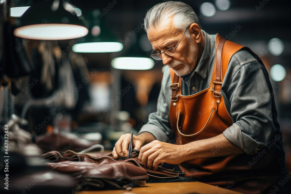 A shoemaker meticulously stitching leather for custom shoes. Generative Ai. A shoemaker meticulously stitching leather for custom shoes. Generative Ai.