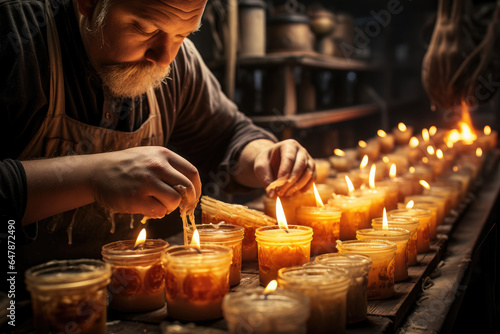 A candlemaker pouring wax into molds to create candles. Generative Ai.