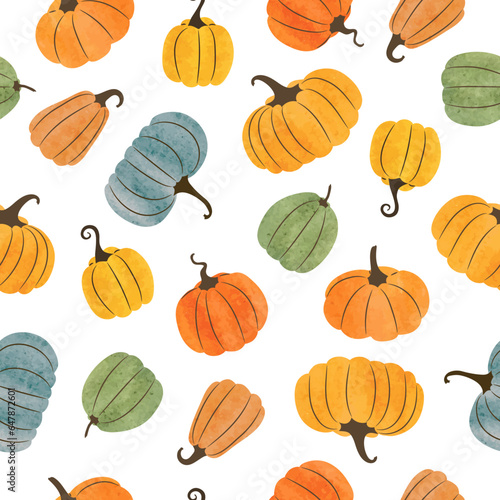 Seamless vector pattern with colorful pumpkins. Perfect for Thanksgiving, Halloween print, wrapping paper
