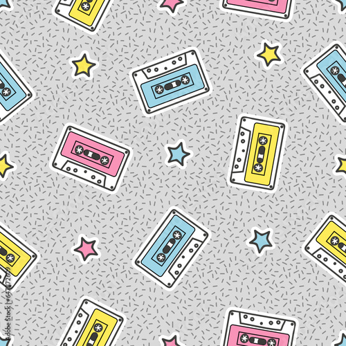 Seamless 90s pattern with audiocassettes. Trendy print with cartoon audio tapes
