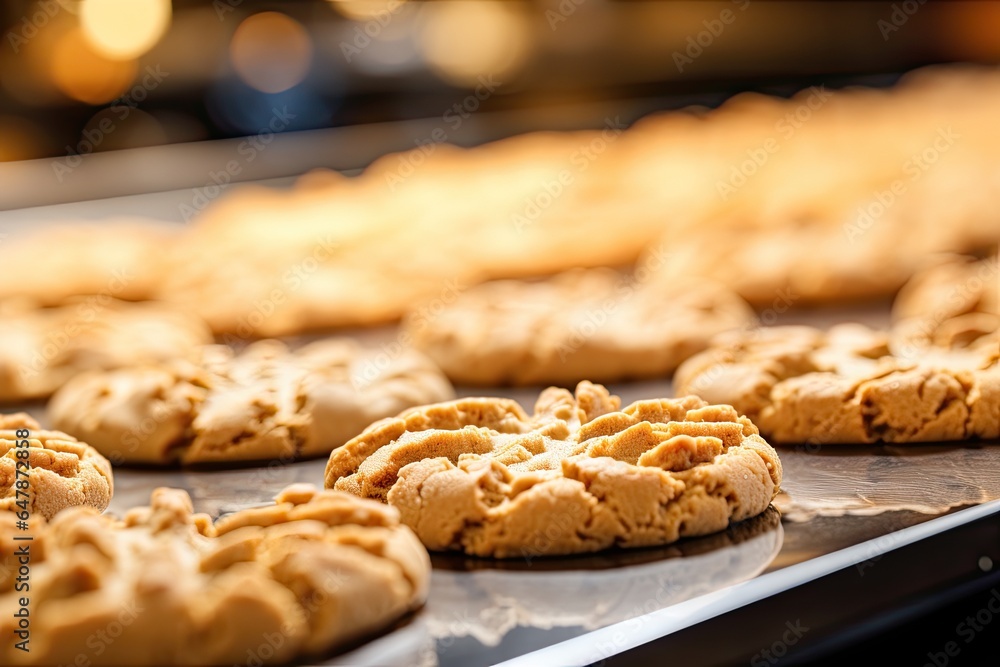 Peanut butter cookies fresh out of the oven, shot with a warm tone to create a cozy baking scene. Generative AI Peanut butter cookies fresh out of the oven, shot with a warm tone to create a cozy baking scene. Generative AI