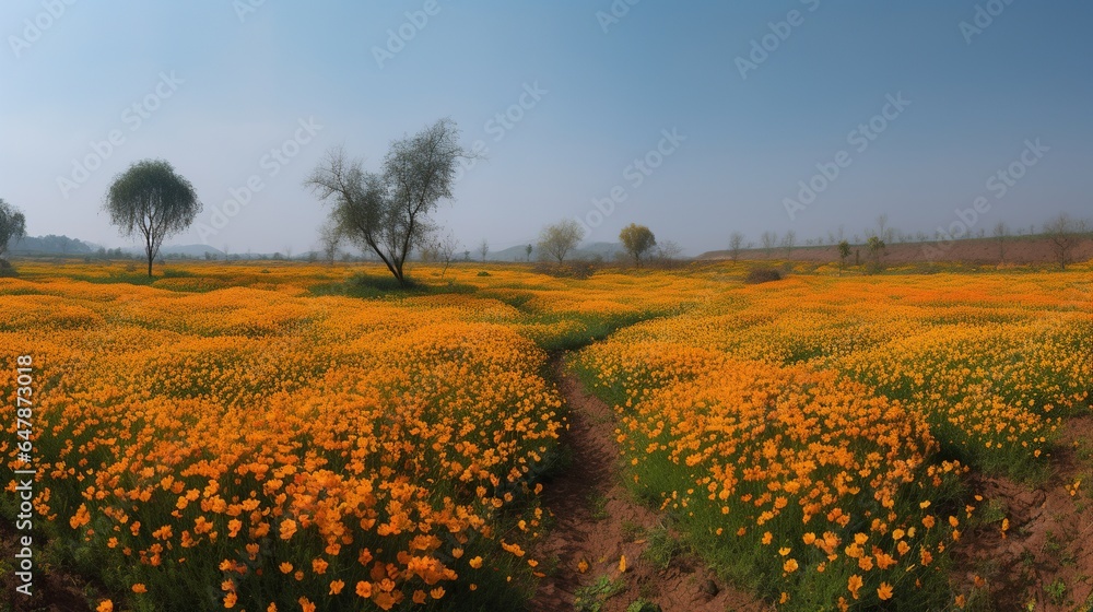 Panoramic View of Vast Saffron Fields in Full Bloom - Serene Natural Landscape