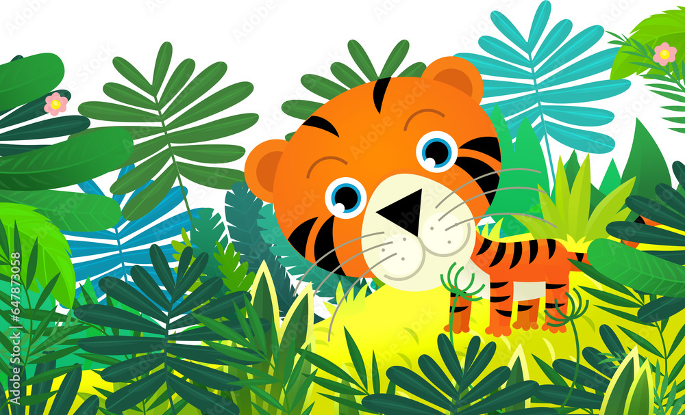 cartoon scene with happy tropical cat tiger in the jungle isolated illustration for children cartoon scene with happy tropical cat tiger in the jungle isolated illustration for children