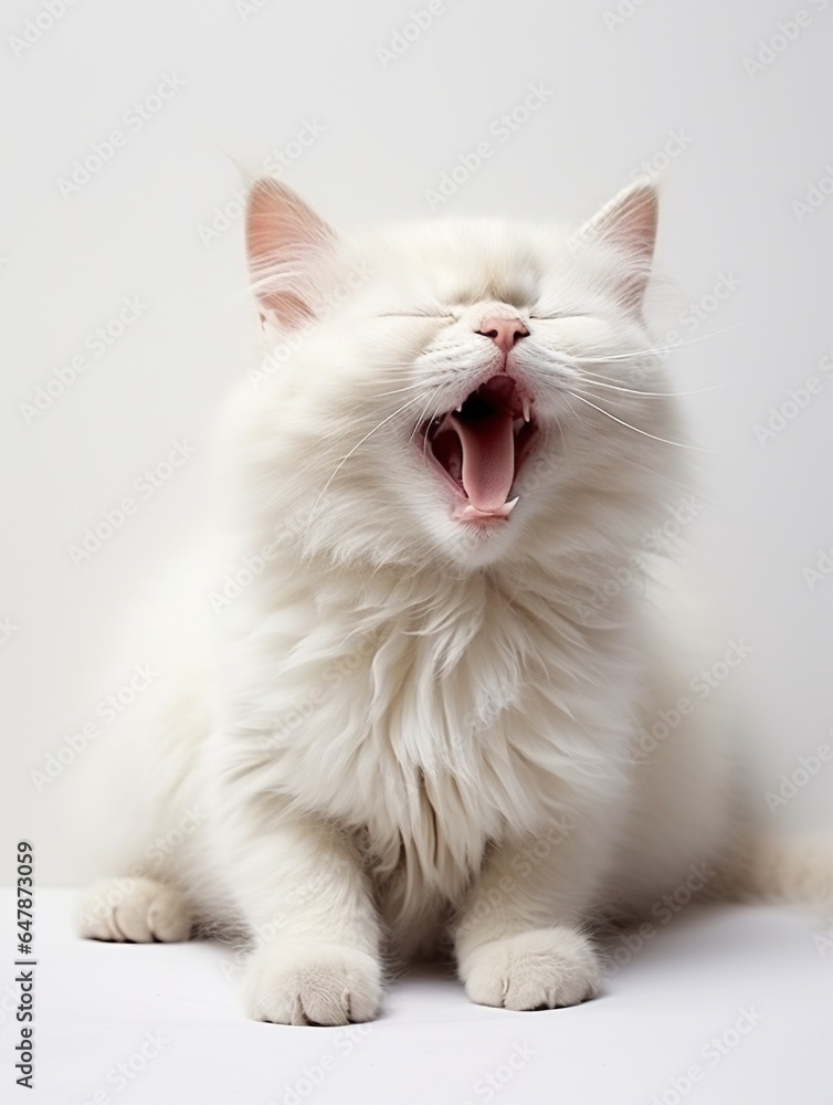 Minimalistic Yawning Cat Adorable Feline Captured in a Serene White Studio Setting