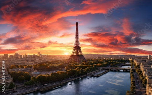 Panoramic sunset over Paris. Generative AI