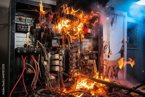Fire risk with overloaded fuse box and short circuit in electrical panel. Burning switchboard with damaged wires in home's system. Generative AI