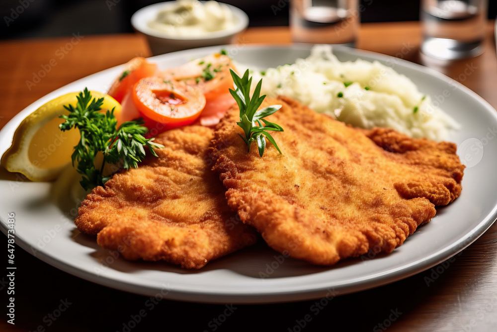 schnitzel A traditional German dish with fried fish and vegetables on a white plate schnitzel A traditional German dish with fried fish and vegetables on a white plate