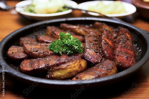 A delicious German meal with meat and vegetables served on a rustic wooden table