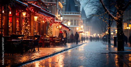Night snowy Christmas Switzerland, New Year holiday, blurred background - AI generated image