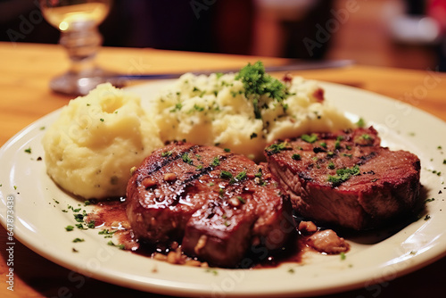 Königsberger A traditional German dish: steak and mashed potatoes on a white plate