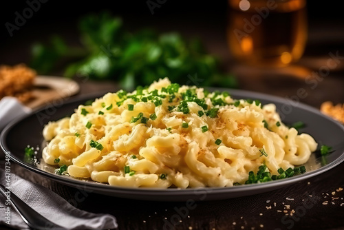 spätzle A traditional German macaroni and cheese dish garnished with fresh parsley