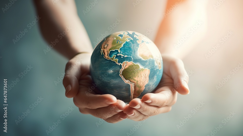 Hands Holding Earth Globe over Blurred Background Global Unity and Environmental Stewardship