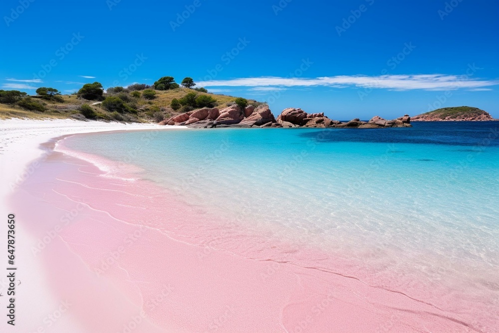 Stunning beach with pink sand on Budelli Island in the Maddalena archipelago, Sardinia. Generative AI - obrazy, fototapety, plakaty 