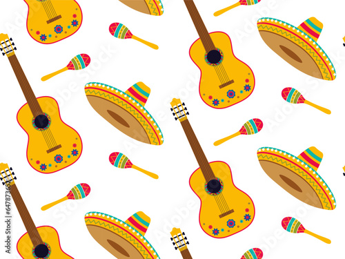 Mexican musical instruments and sombrero. Seamless pattern vector illustration