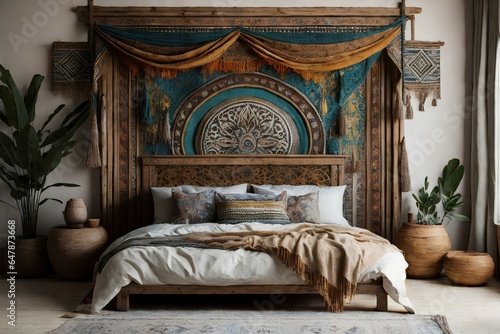 Bohemian or Eclectic Interior Design  Moroccan Wall Hanging Adorning a Modern Wooden Bed