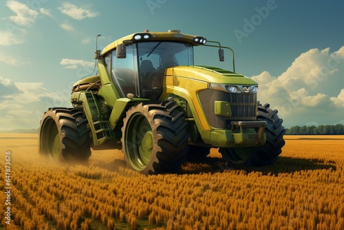 Agricultural vehicle operating in a cultivated field. Generative AI