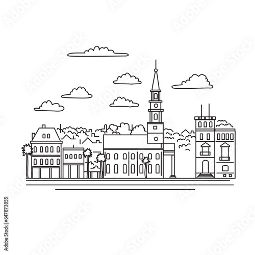 Mono line illustration of Broad Street including the steeple of St. Michael's Episcopal Church in Charleston, South Carolina, USA done in monoline line art black and white style.