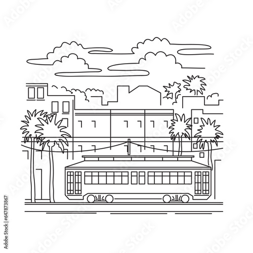 Mono line illustration of a streetcar or trolley car in New Orleans, Louisiana, USA done in monoline line art black and white style.
