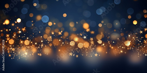 Christmas golden light smoldering stars and bokeh particles on dark blue background. New Year wishes. AI generated