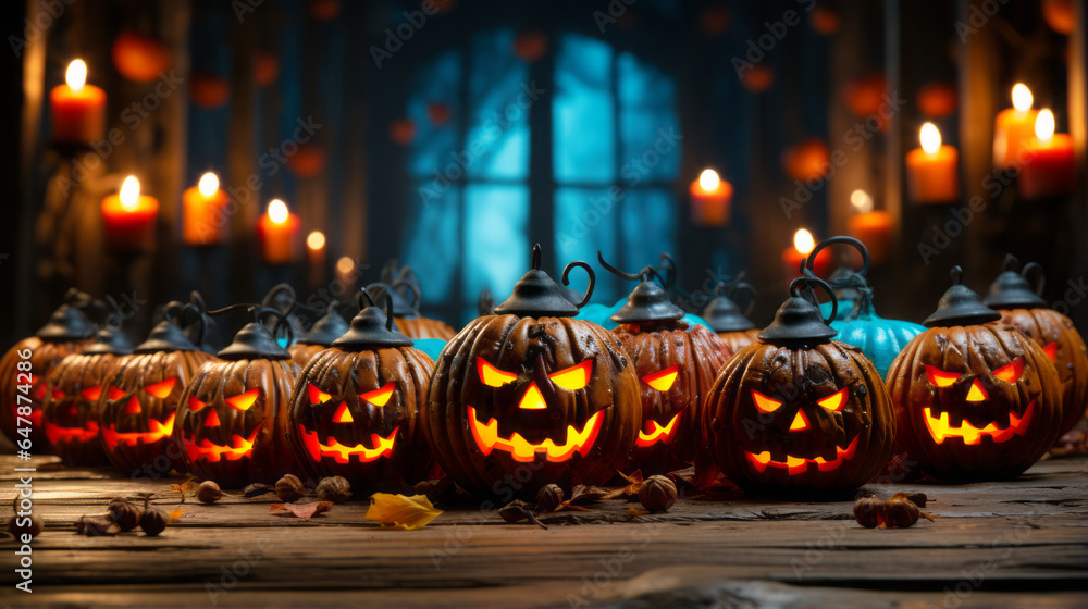 Fototapeta premium The flickering glow of candles bathes a room in ethereal light. Expertly carved pumpkins occupy tables and stone floors, their haunting faces spotlighted by candlelight. Generative AI