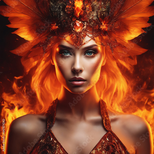 Portrait of a beautiful woman with bright make-up over fire background.