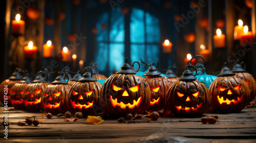 The flickering glow of candles bathes a room in ethereal light. Expertly carved pumpkins occupy tables and stone floors, their haunting faces spotlighted by candlelight. Generative AI