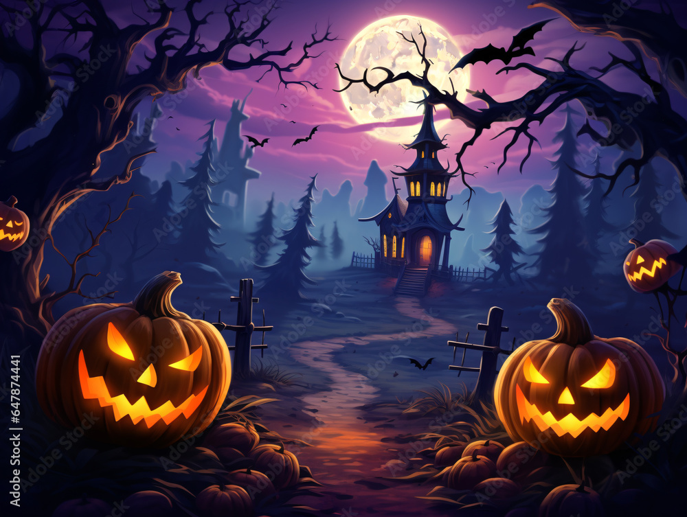 Laughing orange pumpkins greet Halloween trick-or-treaters on their way to an abandoned house. digital AI Laughing orange pumpkins greet Halloween trick-or-treaters on their way to an abandoned house. digital AI
