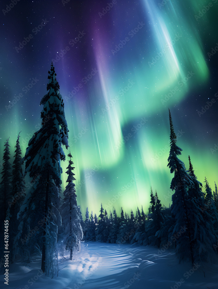 Northern lights in the night sky, pine trees, nature, beautiful night