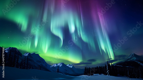 Foto Northern lights in the night sky, mountain and snow, beautiful night with stars,