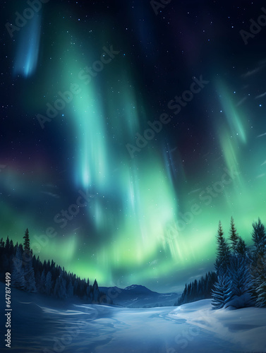 Northern lights in the night sky  pine trees  nature  beautiful night with stars  aurora borealis  aurora polaris  polar lights  stars  norway  iceland  greenland