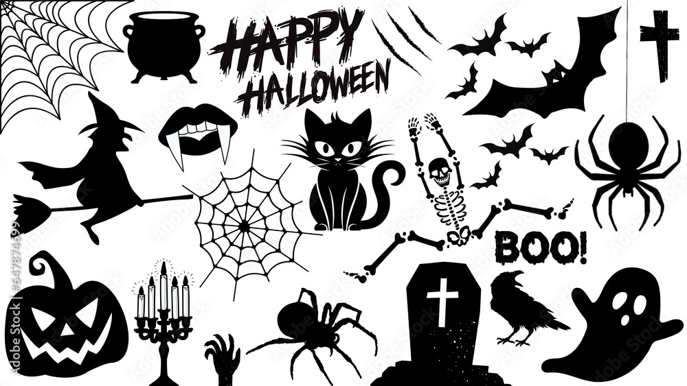 Fototapeta premium Silhouettes of Halloween motifs in black and with a transparent background. Black silhouettes of witch cauldron, Happy Halloween sign, scratch, bats, grave, pumpkin, hands, candles, vampires... 
