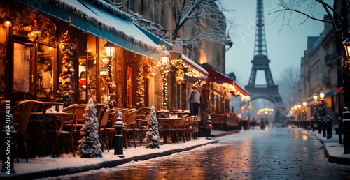 Night snowy Christmas Paris, New Year holiday, blurred background - AI generated image