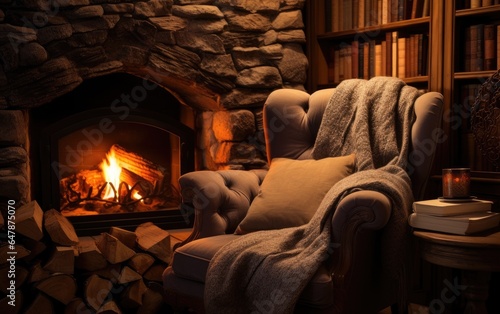 A Cozy Reading Nook by a Fireplace, Perfect for a Relaxing Evening. Generative AI © piai