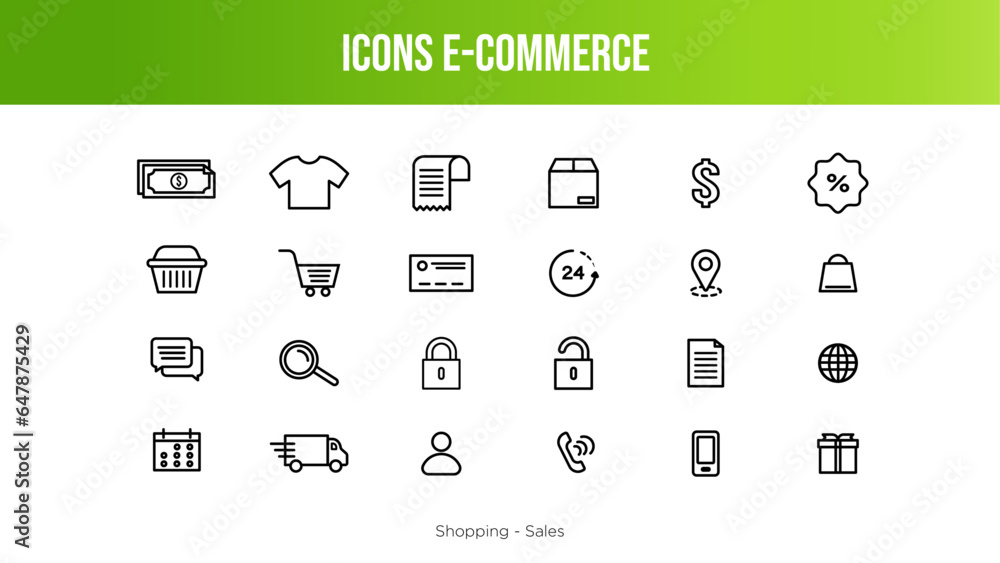 E-Commerce icons set of web in thick line, Online shopping icons for web and mobile app Business, mobile shop, digital marketing, bank card, gifts, sale, delivery, motion designer. Vector illustration