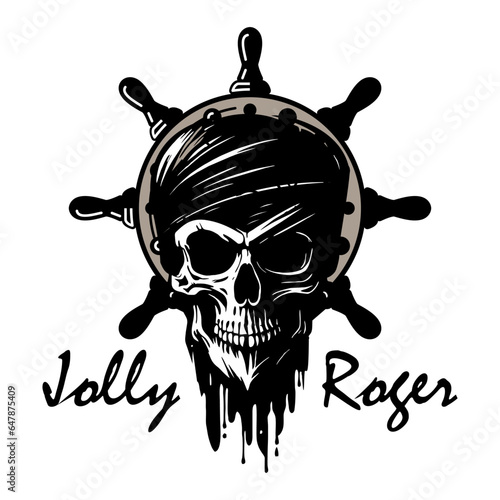 Skull of a pirate in a bandana against the background of the helm. Jolly Roger. Vector illustration isolated on white