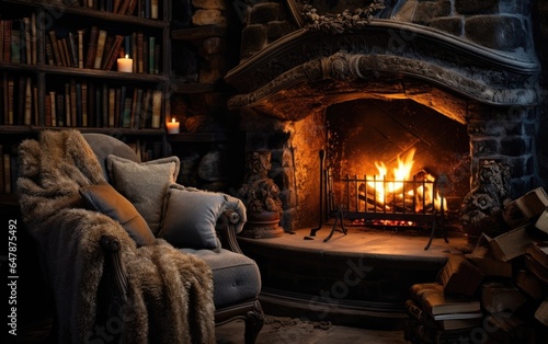 A Cozy Reading Nook by a Fireplace, Perfect for a Relaxing Evening. Generative AI