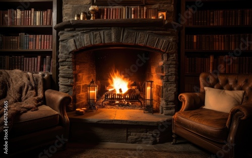 A Cozy Reading Nook by a Fireplace, Perfect for a Relaxing Evening. Generative AI