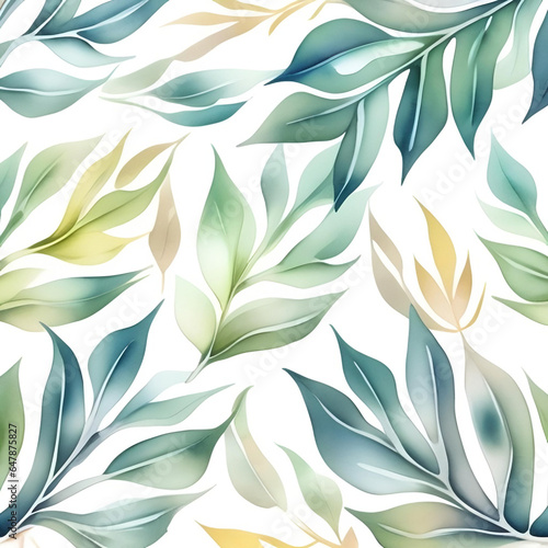 seamless watercolor green yellow leaves background, generative ai, beautiful pastel colors leaf background