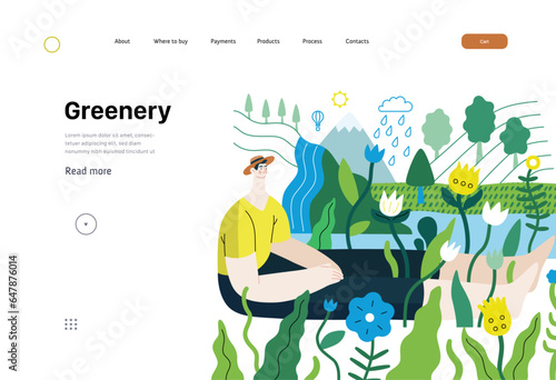 Greenery, ecology -modern flat vector concept illustration of a man sitting in the landscape with river and waterfall. Metaphor of environmental sustainability and protection, closeness to nature