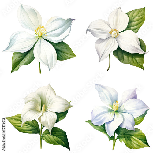 Set Of Watercolor White Trillium Flower Isolated on Transparent Background photo