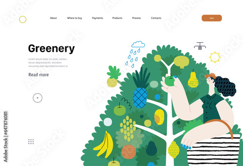 Greenery, ecology -modern flat vector concept illustration of a woman gathering fruit from the 40 fruit tree. Metaphor of environmental sustainability and protection, closeness to nature