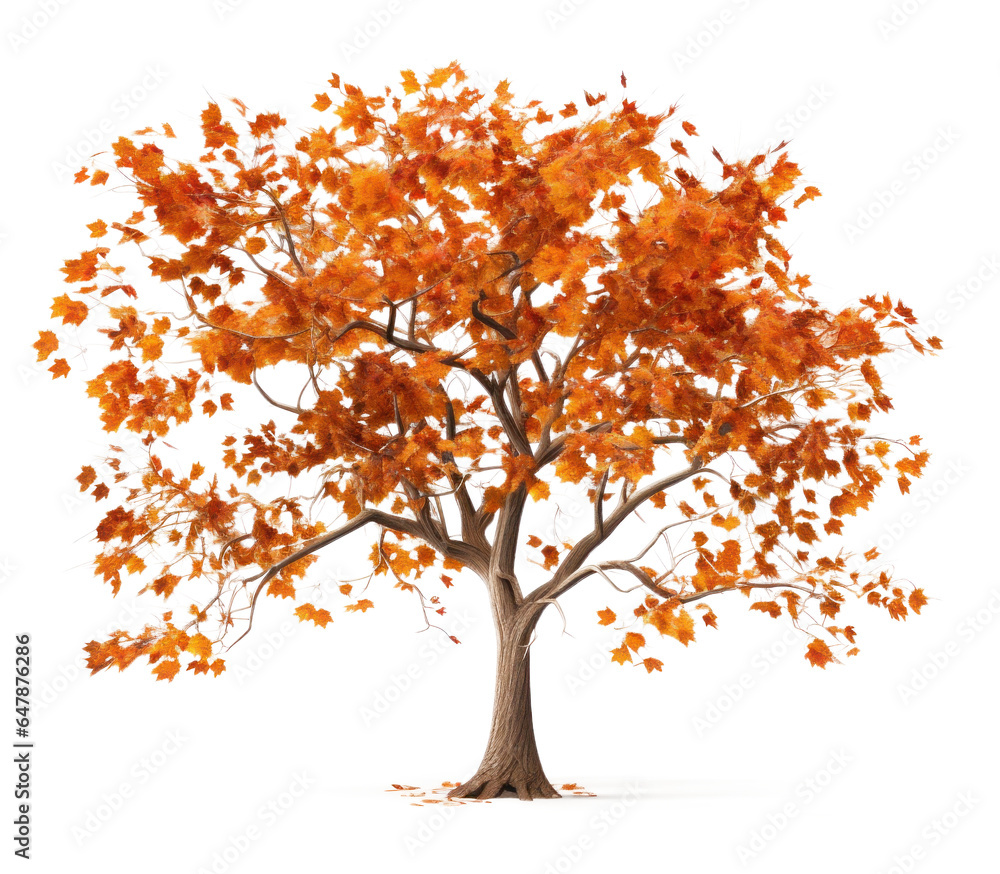 lonely autumn tree with falling red leaves, png file of isolated cutout object on transparent background.