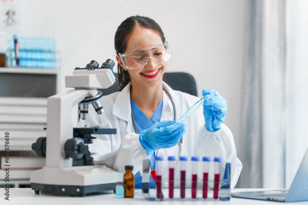 Young scientists pioneering medical discoveries in lab, with one scientist employing microscope for invaluable insights, blood lab test, virus vaccine invent, asian indian people Young scientists pioneering medical discoveries in lab, with one scientist employing microscope for invaluable insights, blood lab test, virus vaccine invent, asian indian people