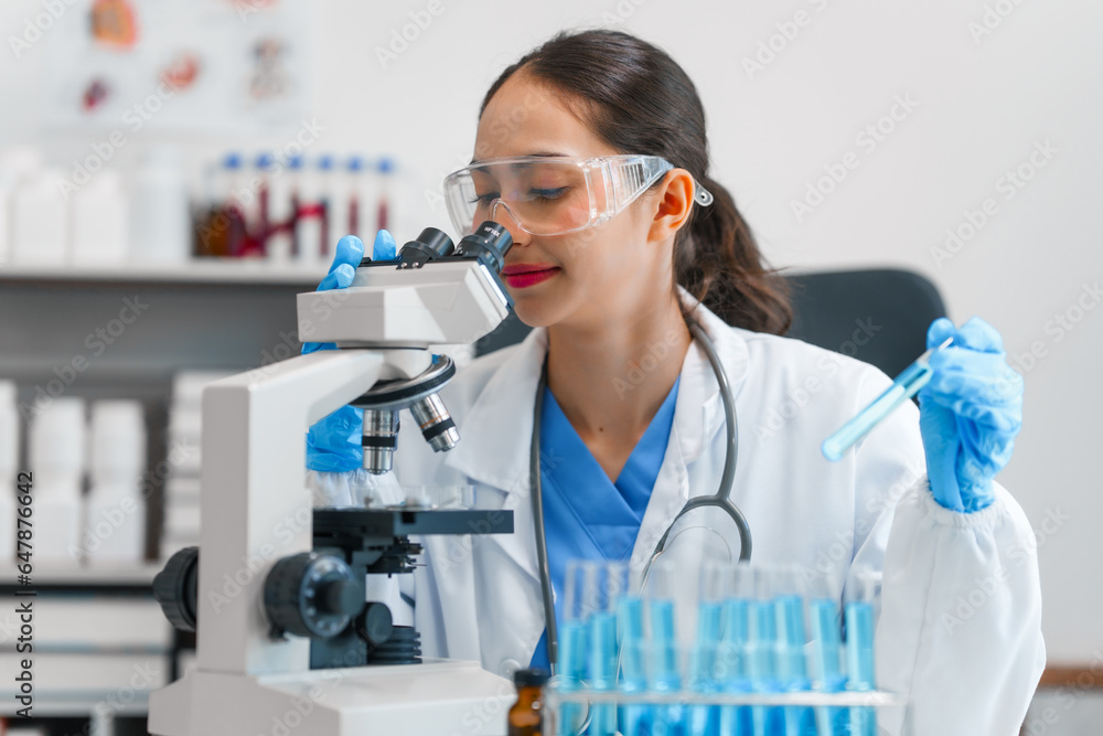 Young scientists pioneering medical discoveries in lab, with one scientist employing microscope for invaluable insights, blood lab test, virus vaccine invent, asian indian people Young scientists pioneering medical discoveries in lab, with one scientist employing microscope for invaluable insights, blood lab test, virus vaccine invent, asian indian people