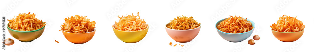 Png Set Delicious fried onion in black bowl isolated in transparent background - obrazy, fototapety, plakaty 